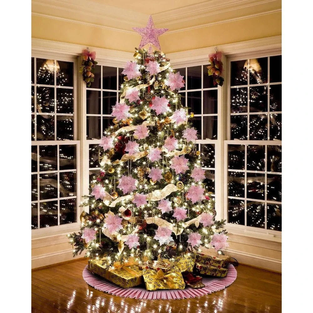 38 Pc Pink Christmas Decorations Set Sequin Tree Skirt Star Topper Flowers CC19